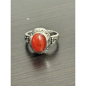 Faux Red Carnelian Stone On Silvertone Band Ring Costume Ring Size 9.75